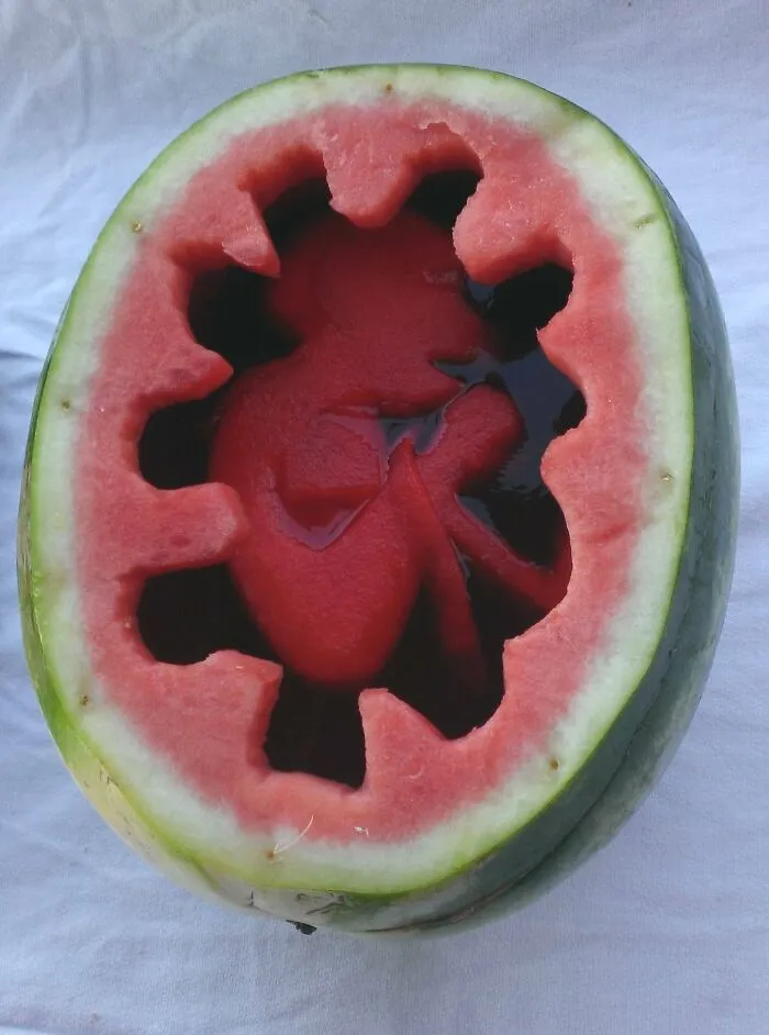 A watermelon carved to look like a baby in a womb, a piece of disgusting food.