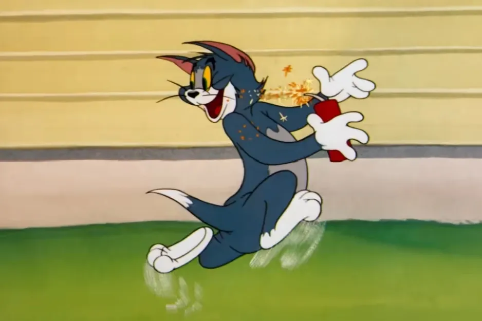 Tom, the cat, running happily with a firecracker in the classic Tom and Jerry cartoon.