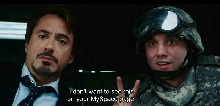 Tony Stark and a soldier in a still from a movie, a historical timeline fact on film history.