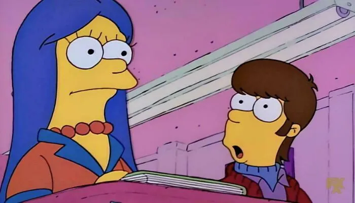 A timeline fact photo of Marge Simpson and a student.
