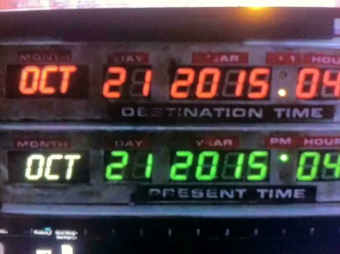 A digital display showing a date from Back to the Future, presenting interesting timeline facts.