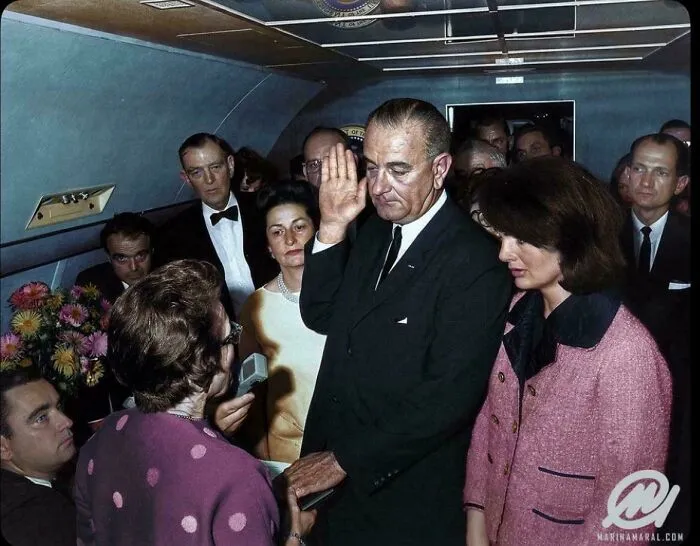 Lyndon B. Johnson taking the oath of office on Air Force One, a significant event in history timeline facts.