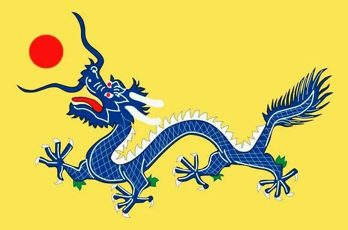 The imperial flag of China featuring a blue dragon, representing a historical timeline fact.