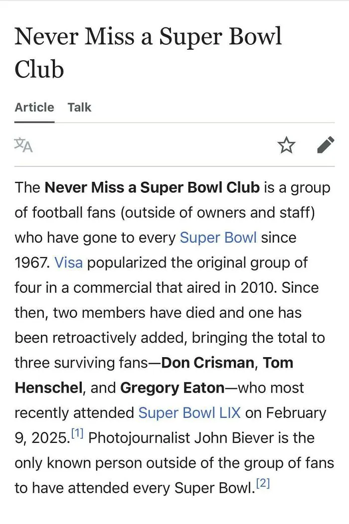 Text detailing the Never Miss a Super Bowl Club, a group that changes the sense of history with timeline facts.