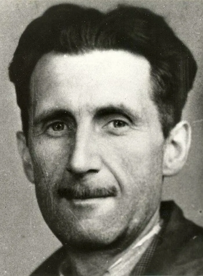 A black and white close-up of George Orwell, a figure connected to changing our sense of history with timeline facts.