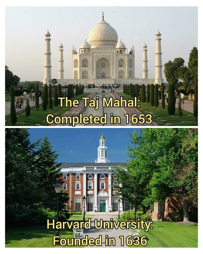 Timeline facts showcasing Taj Mahal completed in 1653 and Harvard University founded in 1636, changing sense of history.