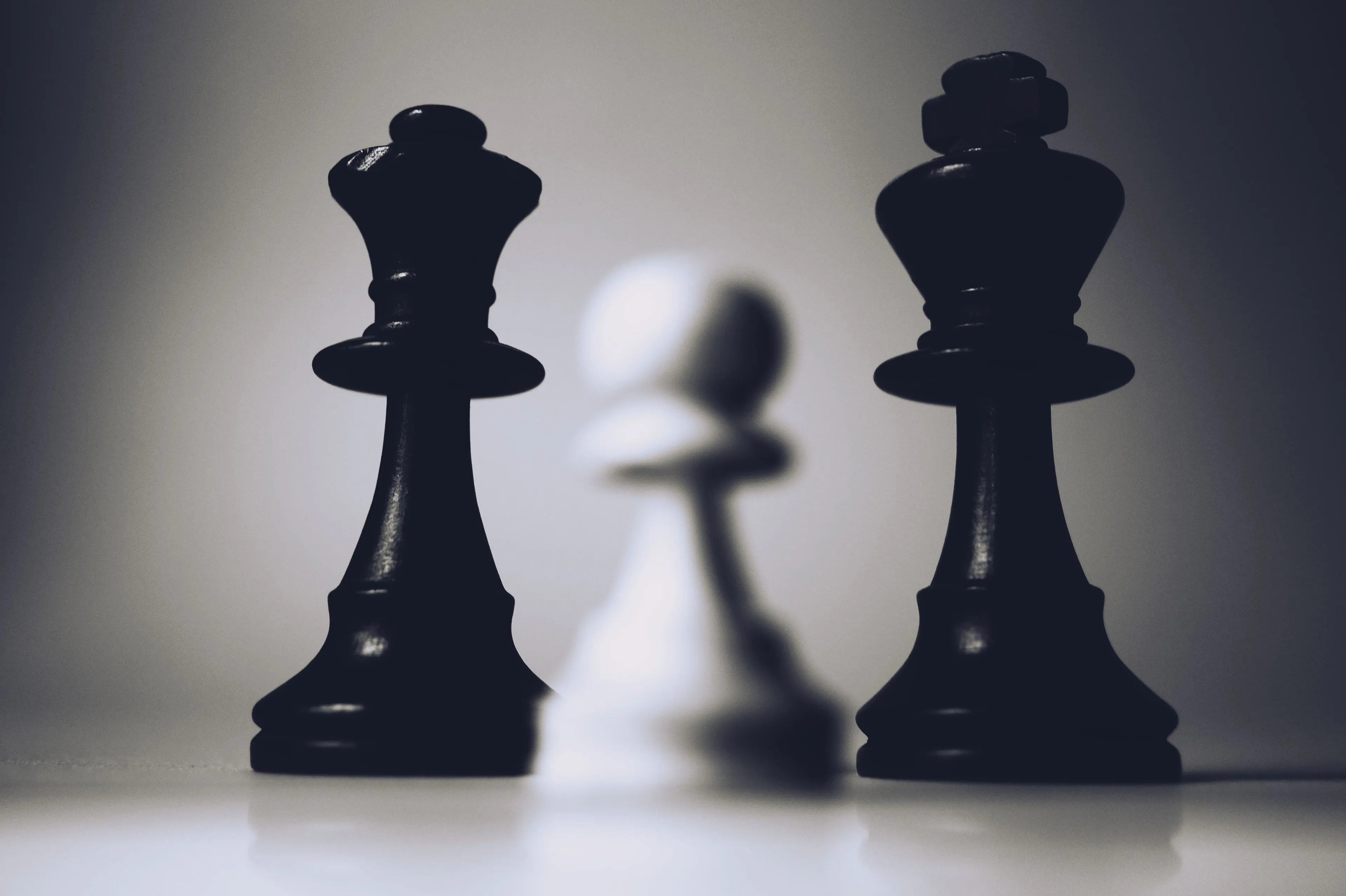 Black and white chess pieces, king and queen, with a blurred pawn in the background, representing the hobby of chess.