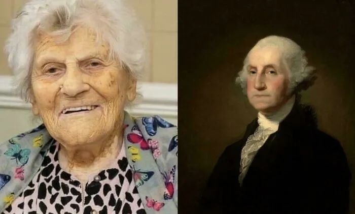 Split image of an elderly woman smiling and a historical portrait of George Washington, representing timeline facts.