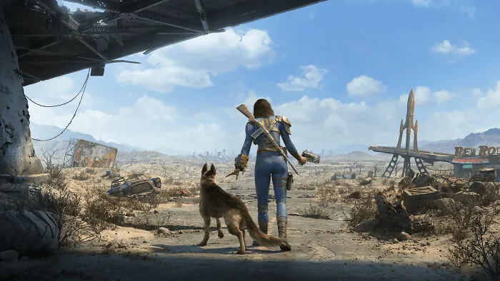 Video game character and dog in a desolate landscape, offering timeline facts of a post-apocalyptic world.