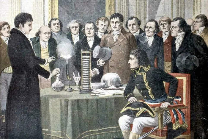 An old painting showing men observing a scientific experiment, possibly involving a battery. A timeline fact about sense of history.