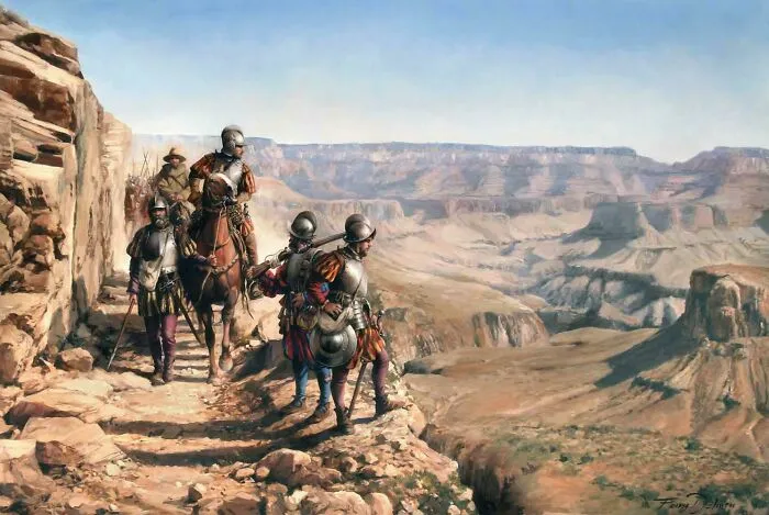Conquistadors on horseback and on foot looking out over a vast canyon. A timeline fact about sense of history.