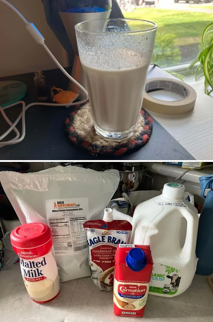 A glass of milk and various ingredients including protein powder, milk, and condensed milk. Disgusting food combination.