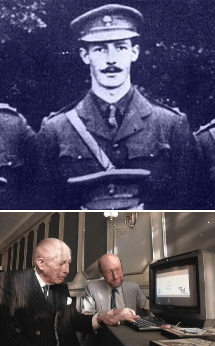 A timeline fact photo showing a soldier and two men using an old computer.