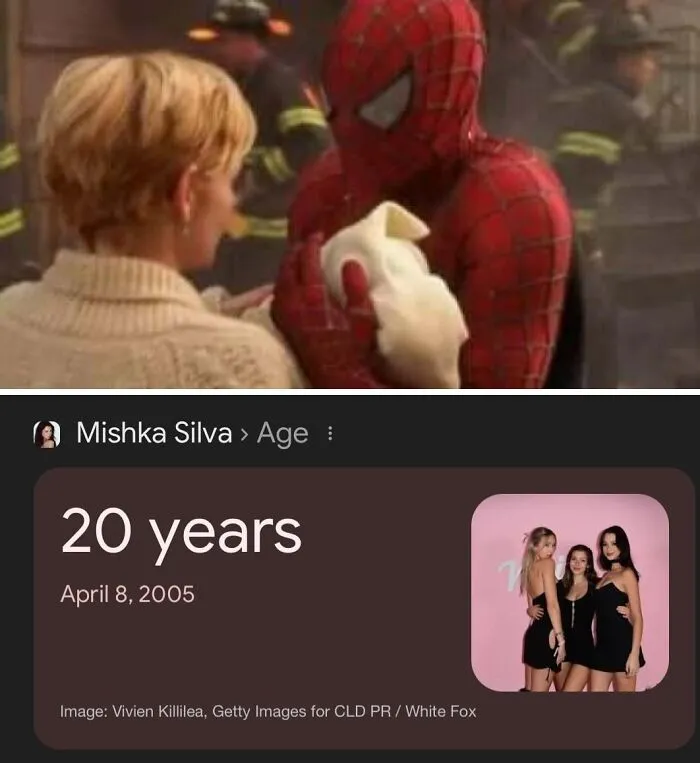 Spider-Man holding a baby next to a woman, contrasted with a search result showing 20 years, relating to history timeline facts.