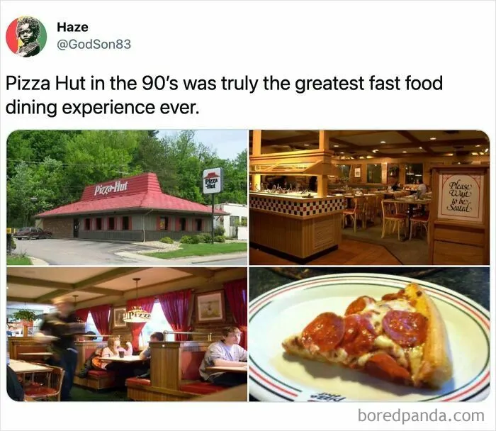 A collage of four images showing a Pizza Hut restaurant exterior, interior, and a slice of pepperoni pizza from the 90s.