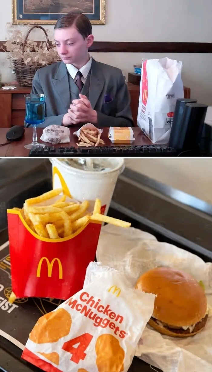 A person in vintage attire sitting at a table with a McDonald's meal, a unique history fact.