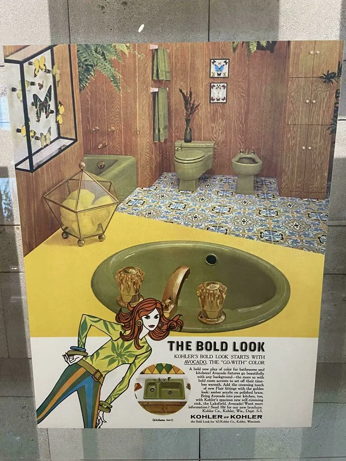Vintage advertisement for bathroom fixtures, illustrating the avocado green trend in 1970s and 1980s interior design.