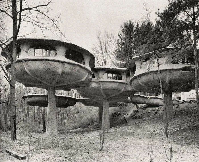 A unique mushroom house exemplifies 1970s and 1980s interior design in a wooded landscape.