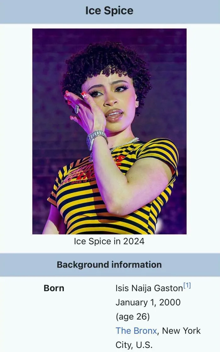 A Wikipedia page for Ice Spice, showing her photo and background information, with timeline facts of history.
