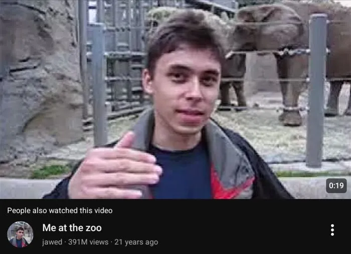 Historical timeline fact: A screenshot of the first YouTube video, Me at the zoo, uploaded 21 years ago.