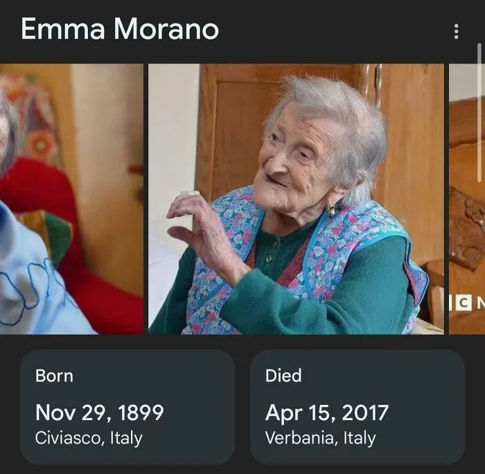A Google search result for Emma Morano, with her birth and death dates, offering historical timeline facts.