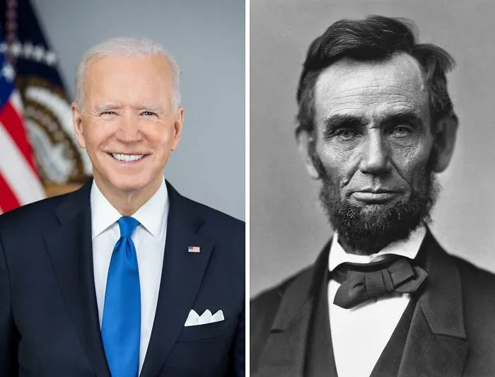 A split image of President Joe Biden smiling and a black-and-white portrait of Abraham Lincoln, presenting historical timeline facts.