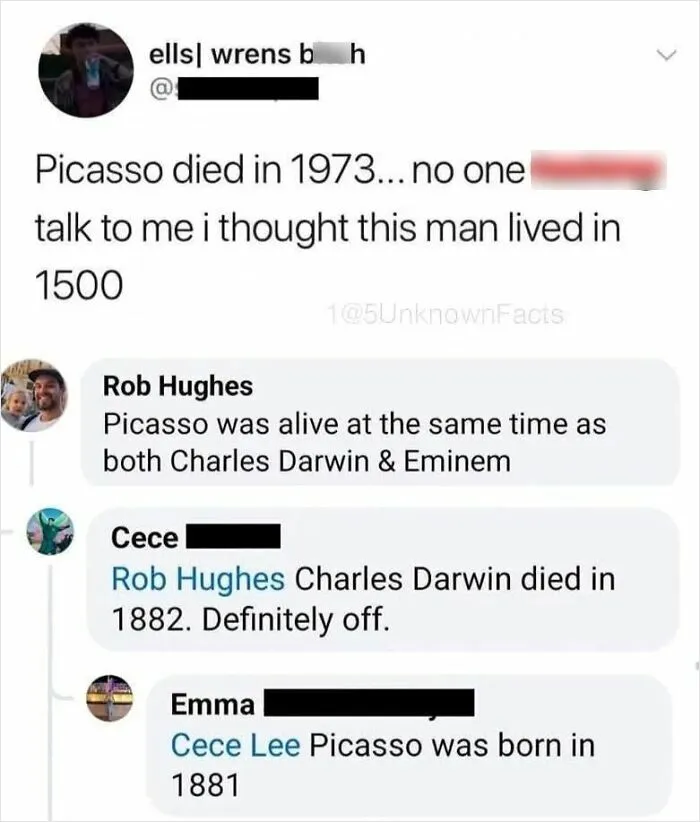 A social media thread discussing historical timeline facts and surprising connections between figures like Picasso, Darwin, and Eminem.
