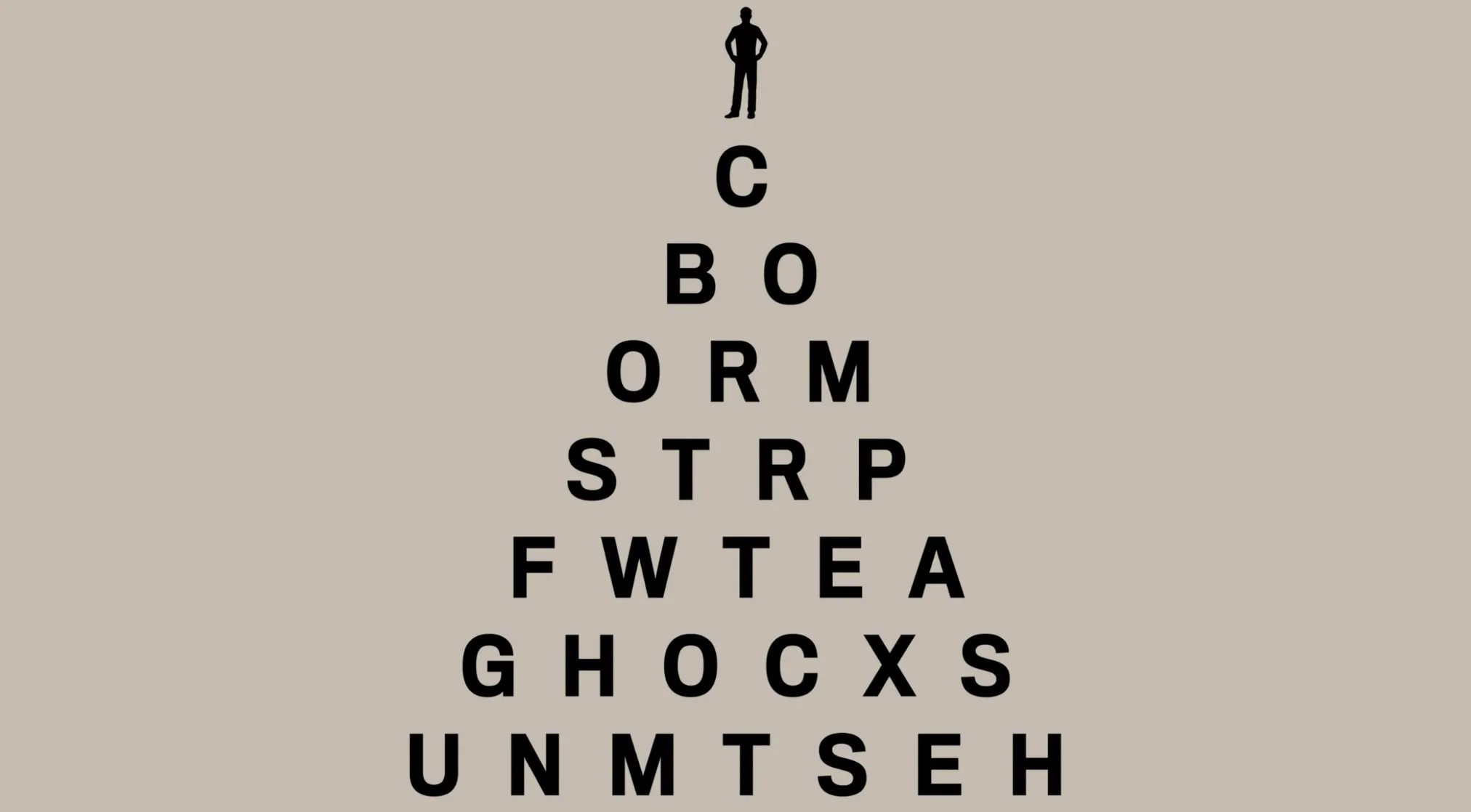 A silhouette of a person on a pyramid of letters on a beige background. This 1% club question asks to follow a path.