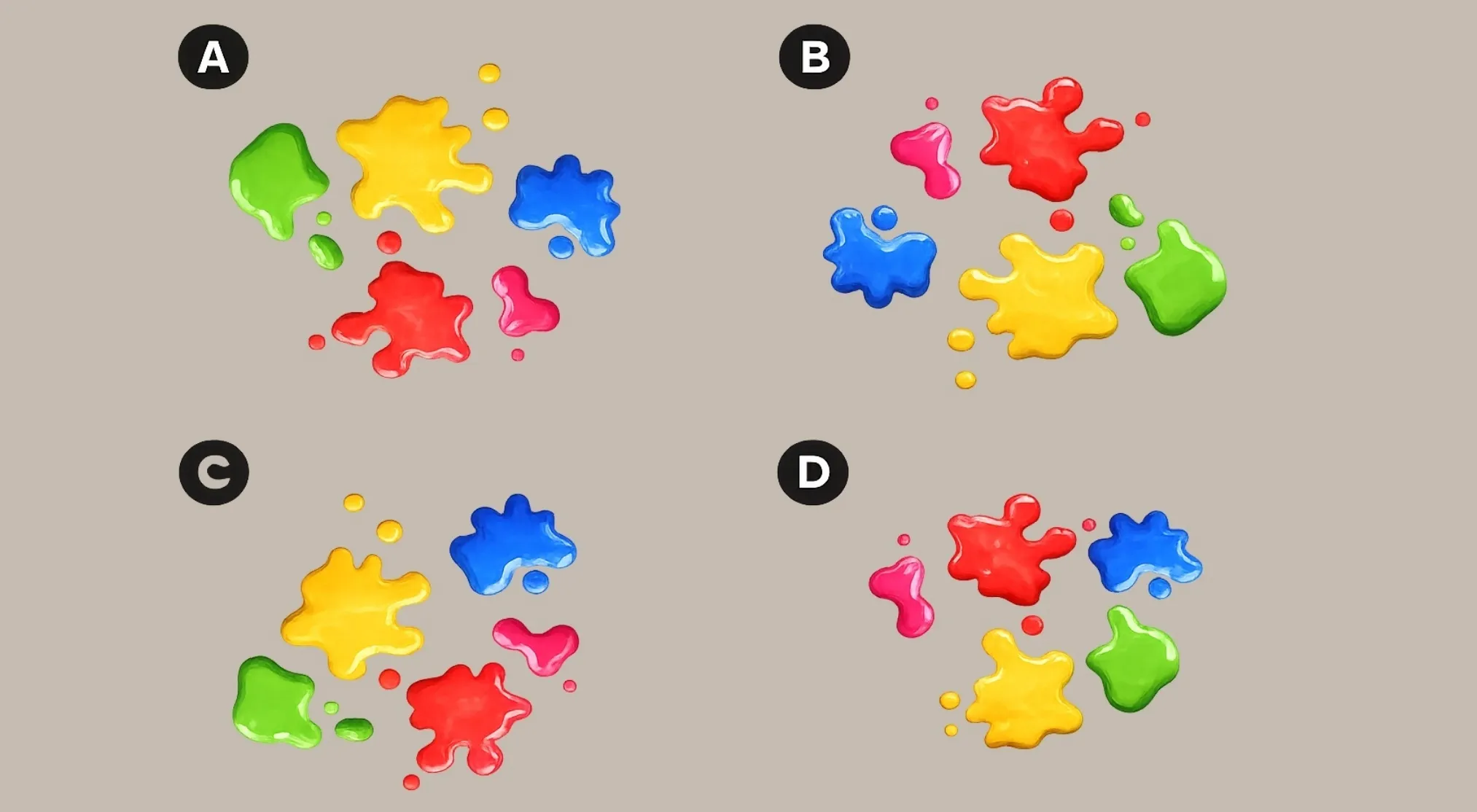 Four sections (A, B, C, D) each display four colorful paint splatters. Find the 1% club odd one out question.