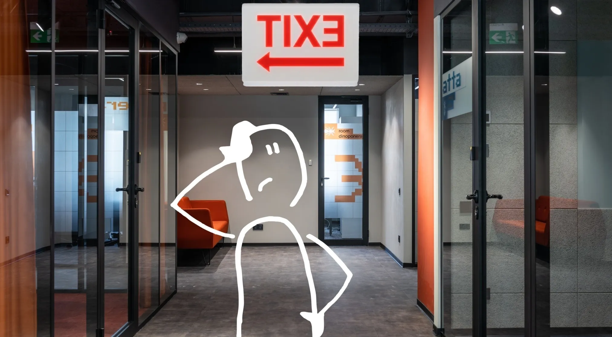 A confused cartoon character looking at a backwards exit sign, symbolizing a 1% Club question about finding the way out.