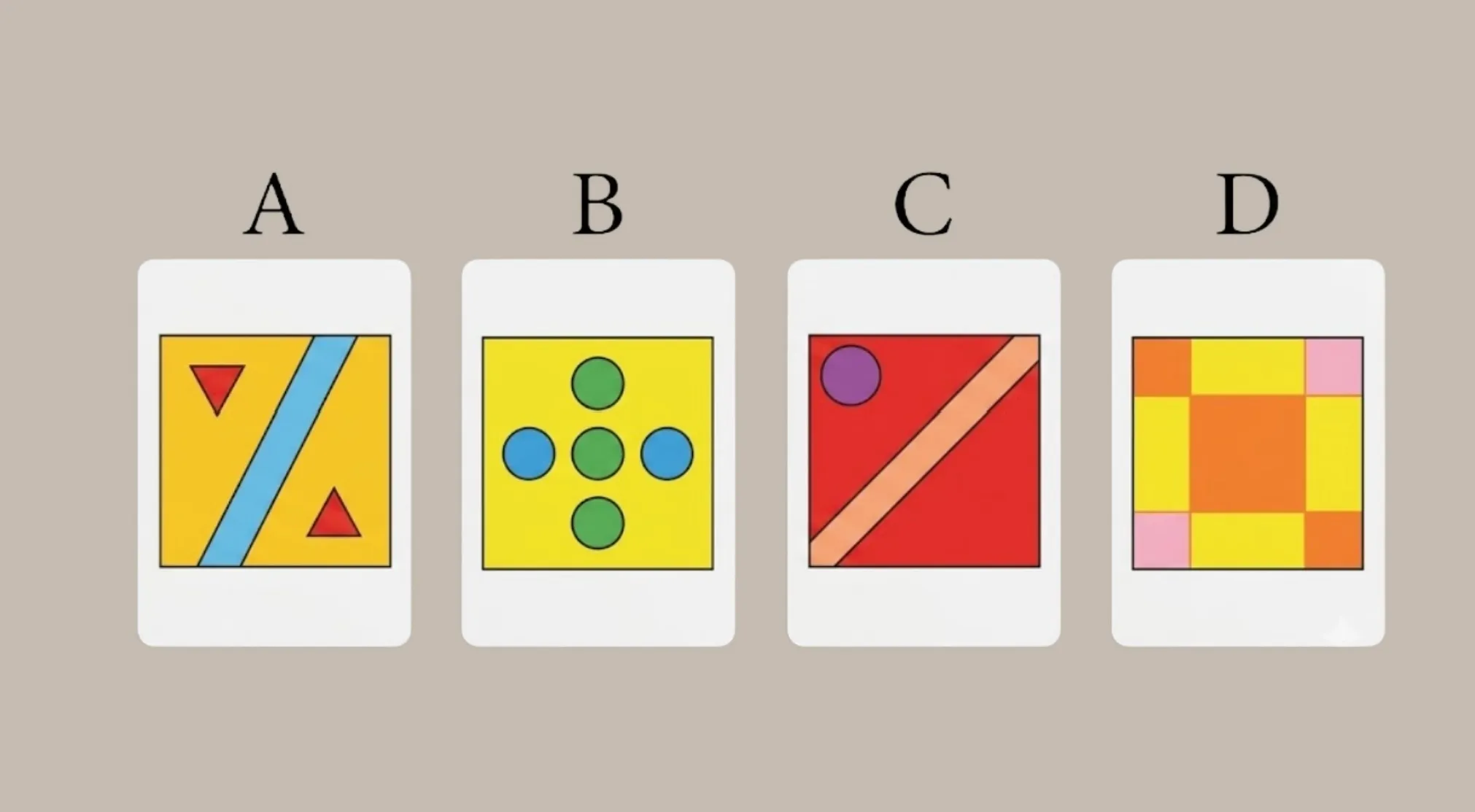 A visual quiz with four cards (A, B, C, D), each displaying colorful geometric shapes. Test your 1% club smarts!