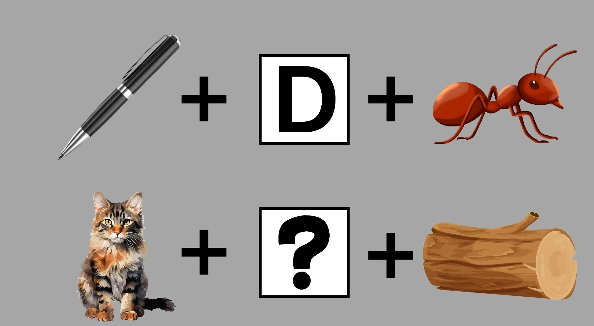 A word puzzle using images: pen + D + ant = PENDANT. Below, a cat + ? + log awaits your 50% club answer.