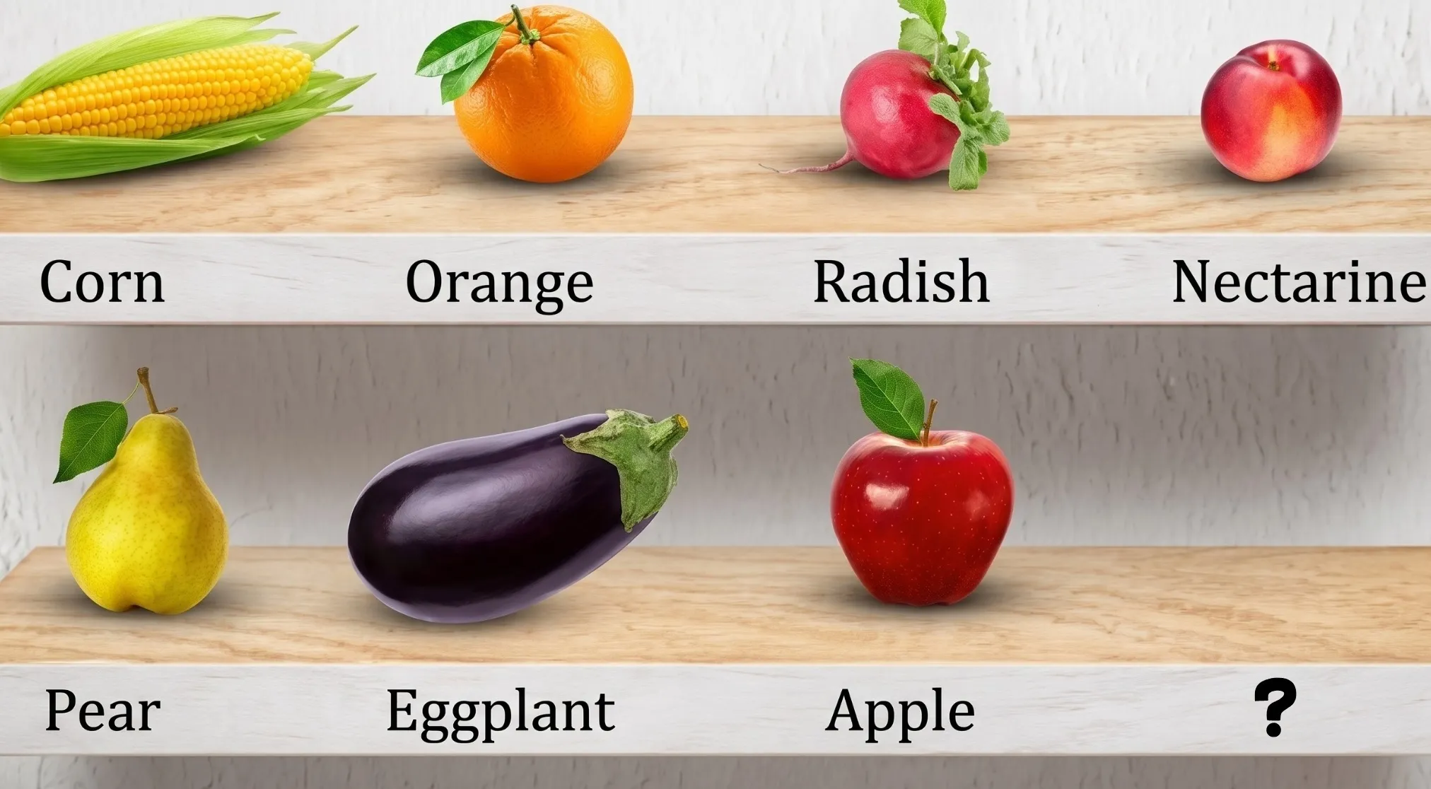 Food sequence puzzle: corn, orange, radish, nectarine, pear, eggplant, apple, and a question mark. Which food comes next in the 40% club question?