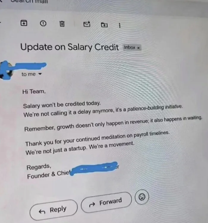 Corporate email blaming salary delay on patience-building initiative