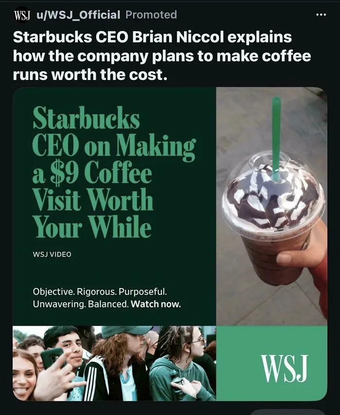 A promotional image for Starbucks about making a $9 coffee visit worth your while, showing the price difference in consumerism.