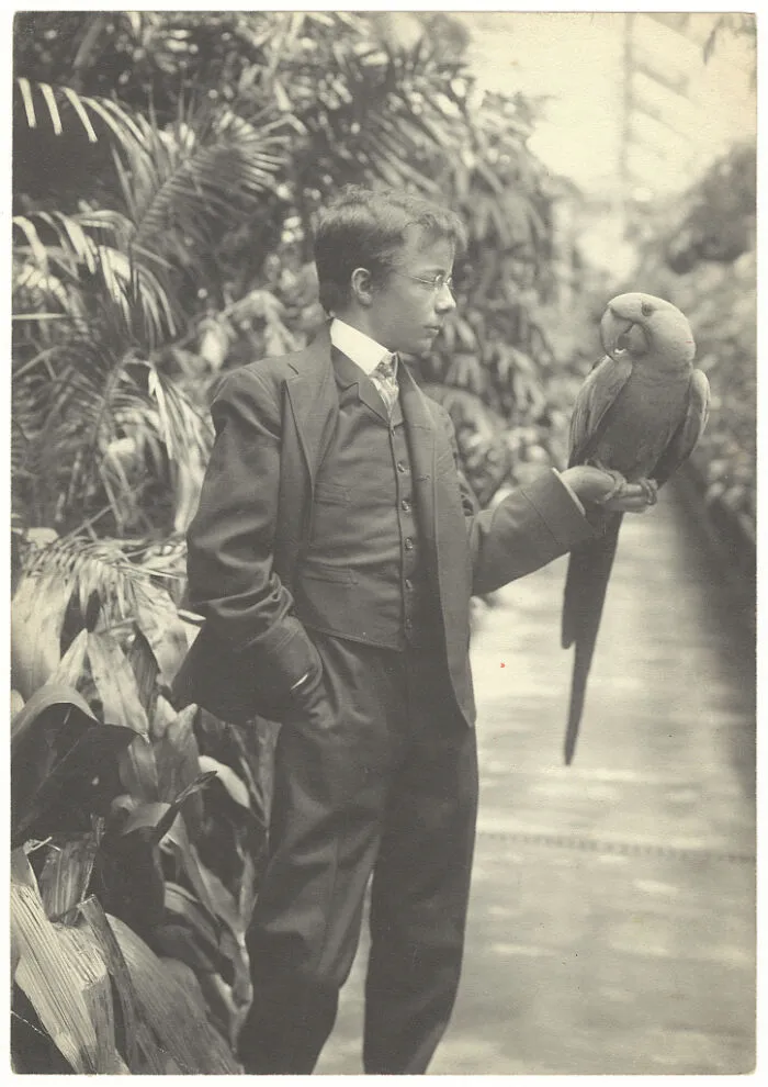 Historical photos: A young boy in a suit holding a parrot on his arm, capturing a past that will remain alive.
