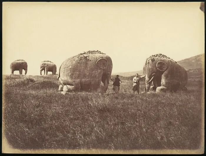 Historical photos: Giant elephant statues with people standing nearby in a grassy field, depicting a past era.