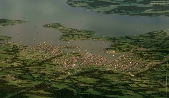 An aerial historical photo capturing a bustling port city with numerous ships on a large body of water.