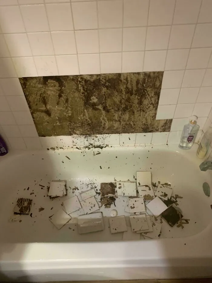 Image of a bathtub with missing tiles and debris. People ask for help fixing things.