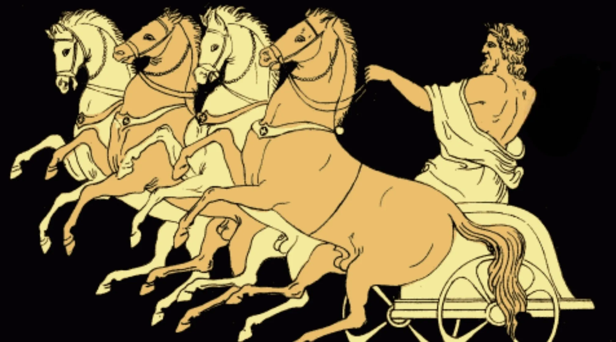 An illustration in the style of Greek Mythology depicting a god-like figure, possibly Zeus, driving a chariot with four horses.