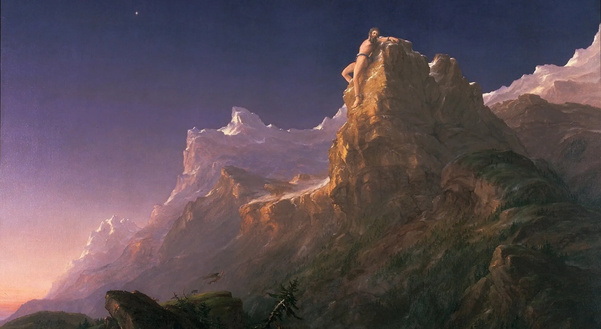 Prometheus chained to a mountain, an iconic image from Greek Mythology, punished for stealing fire.