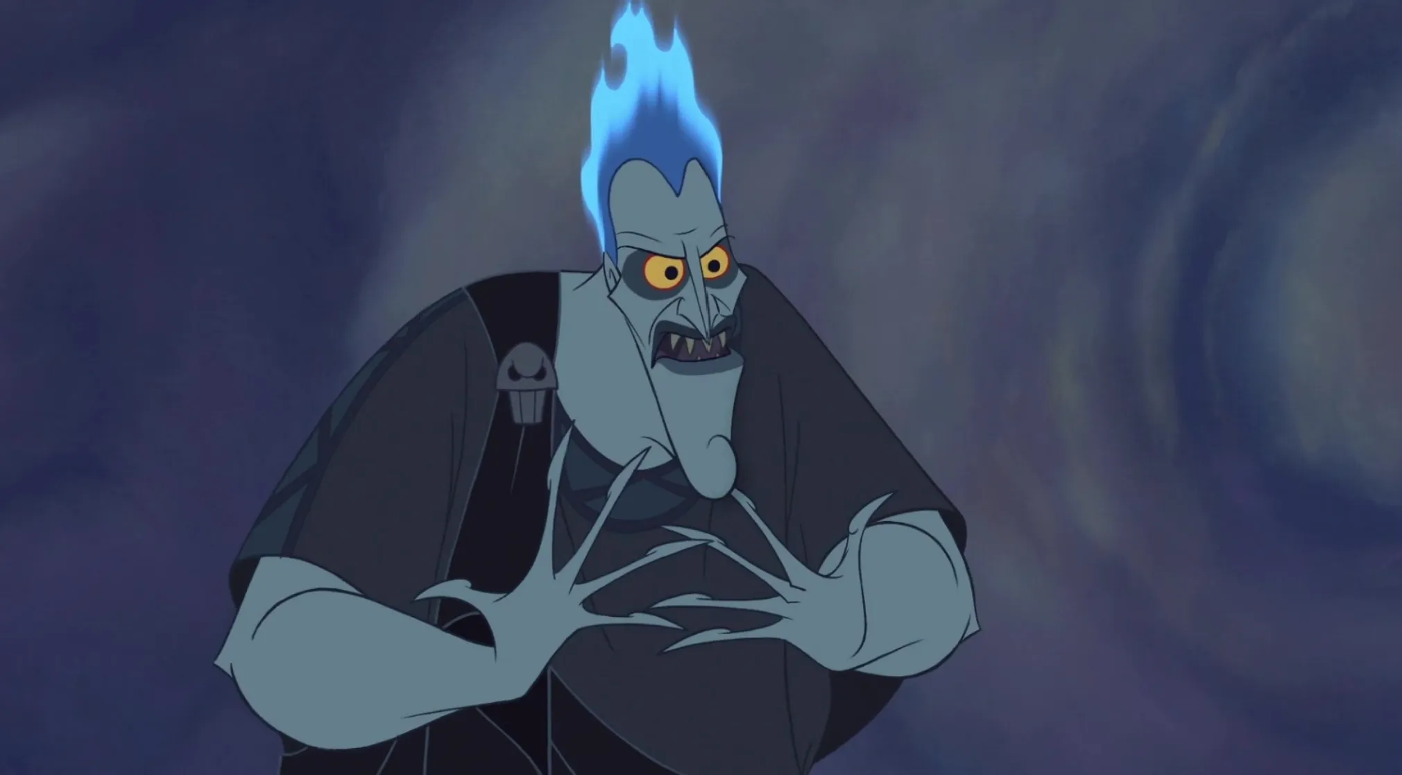 An animated Hades from Greek Mythology, with blue flame hair, yellow eyes, and an angry expression, ready to strike.
