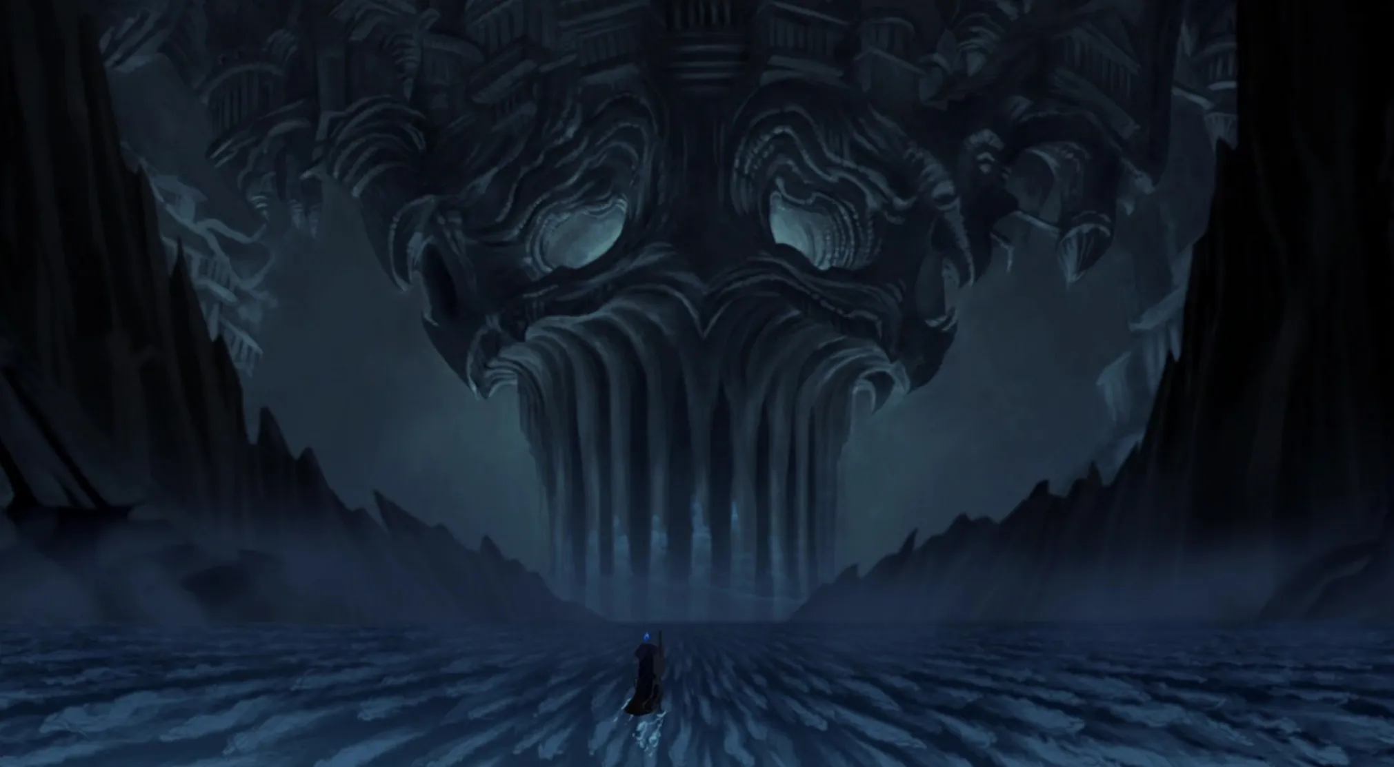 Hades, the god of the underworld, stands before a monstrous skull-like structure in Greek Mythology.