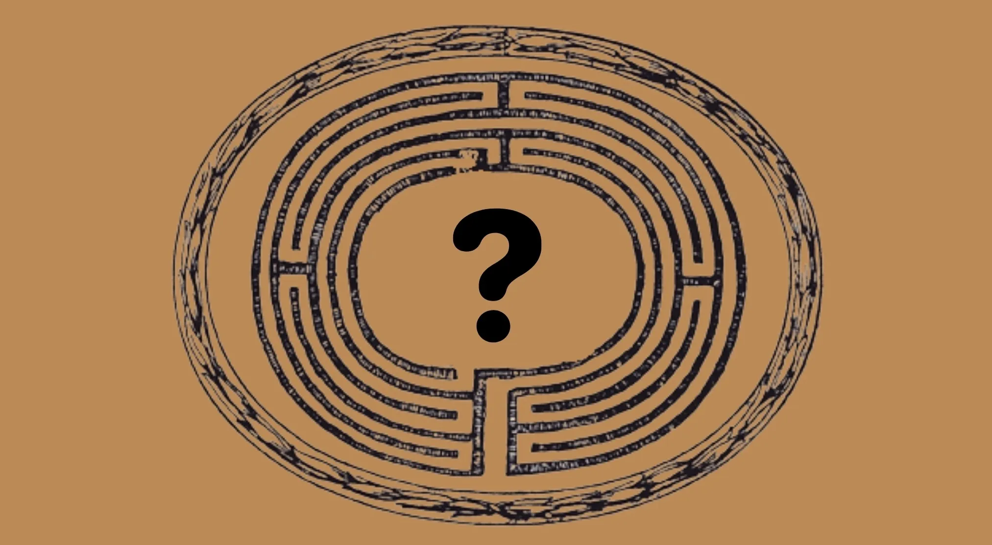 A labyrinth with a large question mark at its center on a brown background, hinting at Greek Mythology.