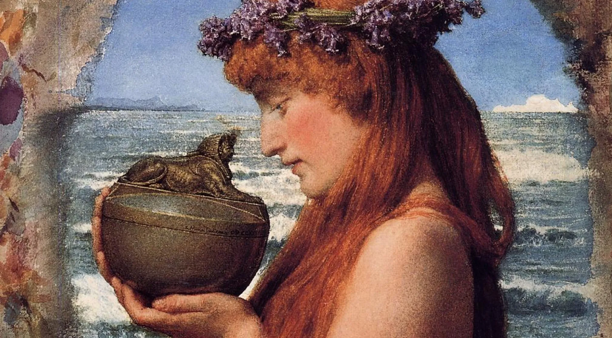 Painting of a woman with red hair and flowers in her hair, holding Pandora's jar. Greek Mythology.