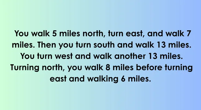 A directional riddle on a blue-green background. It's a 5% club question asking How many miles away from where you started are you?