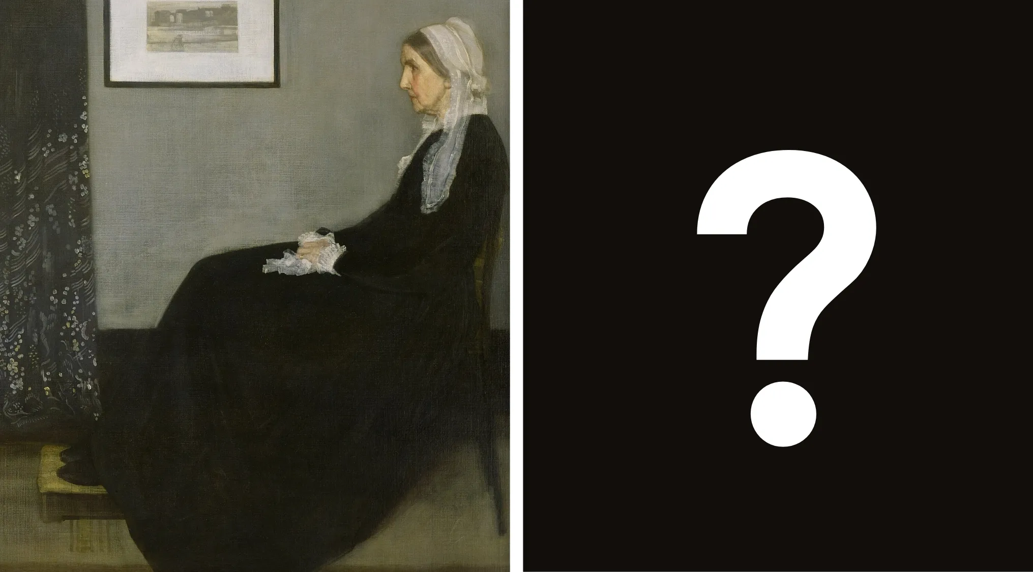 A split image featuring James McNeill Whistler's 1871 portrait and a question mark, prompting a high IQ general knowledge test.