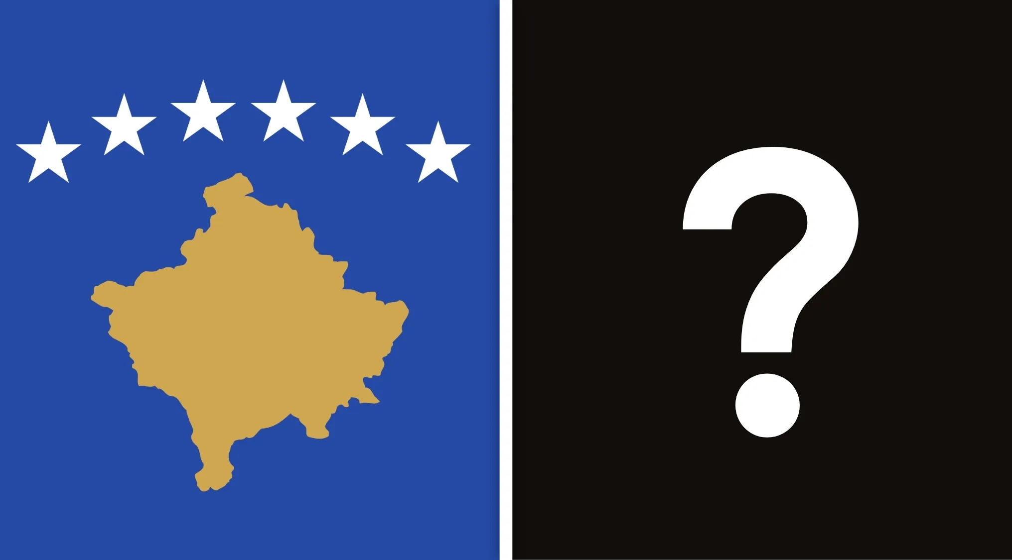The Kosovo flag on the left, displaying its physical map silhouette, alongside a question mark for a high IQ general knowledge test.