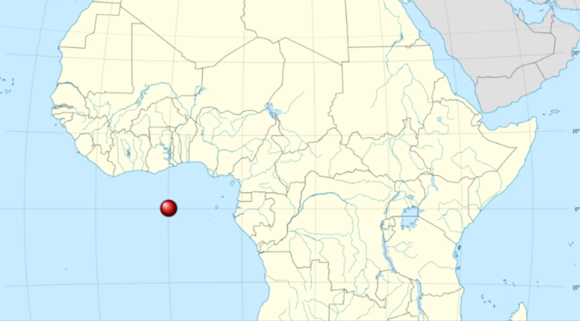 Map of Africa showing 0 degrees latitude and 0 degrees longitude in the Gulf of Guinea for a high IQ general knowledge test.