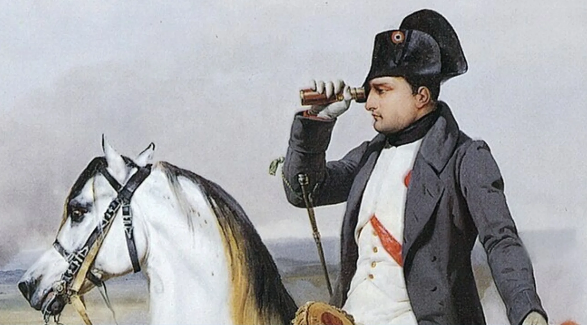 Napoleon Bonaparte on horseback, using a spyglass to observe a distant scene, a famous battle detail.